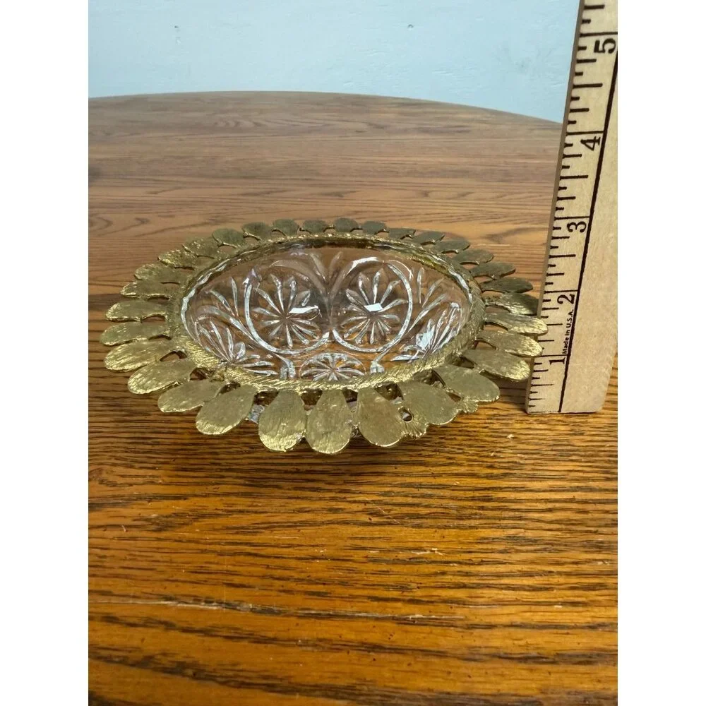 Celeste Gold‎ Tone Metal Leaf Filigree Cut Glass Trinket Bowl Vintage